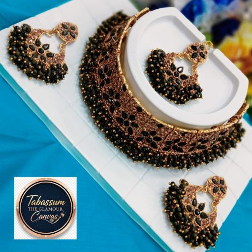 Premium Black Kundan & Stone Setting Luxury Choker Necklace Set with Earrings