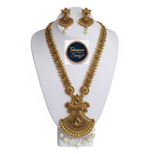 Charming Traditional Antique Gold Temple Jewelry Long Necklace Set