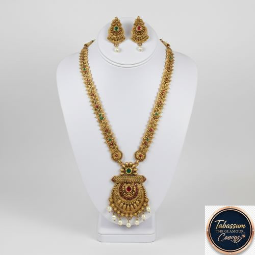 Charming Traditional Antique Gold Temple Jewelry Long Necklace Set