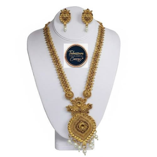 Charming Traditional Antique Gold Temple Jewelry Long Necklace Set