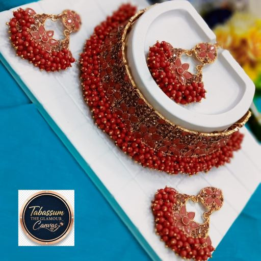 Premium Red Beaded Bridal Choker Necklace and Earrings Set - Tabassum The Glamour Canvas