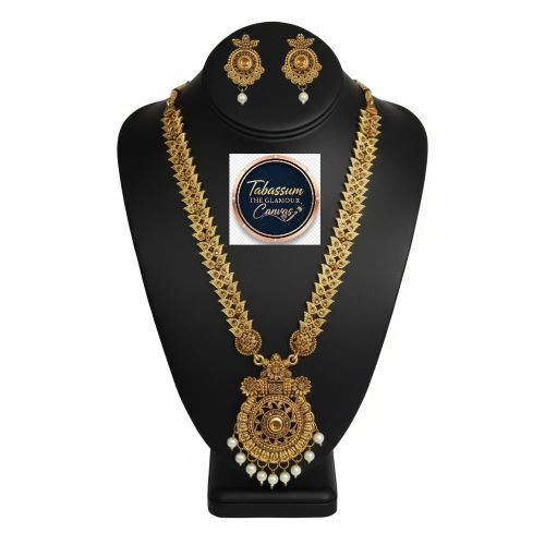 Charming Traditional Antique Gold Temple Jewelry Long Necklace Set
