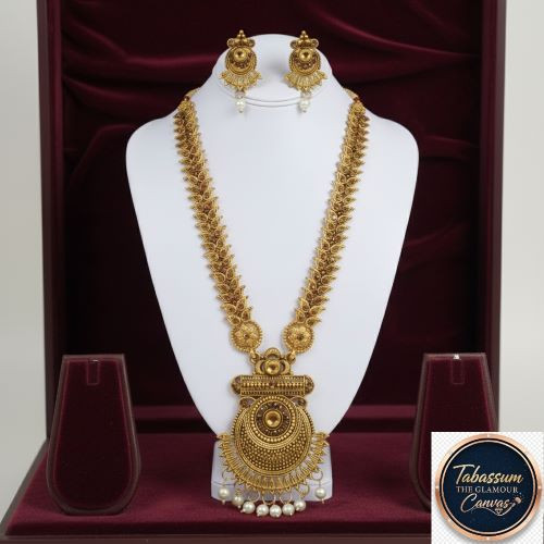 Charming Traditional Antique Gold Temple Jewelry Long Necklace Set
